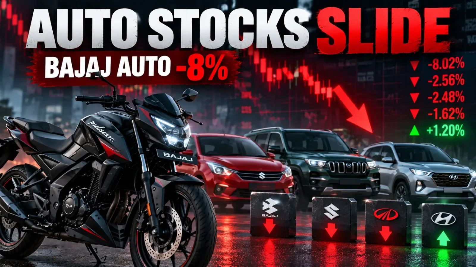 Auto Stocks Slide as Bajaj Auto Falls Nearly 8%; M&M, Maruti Drop While Hyundai Gains